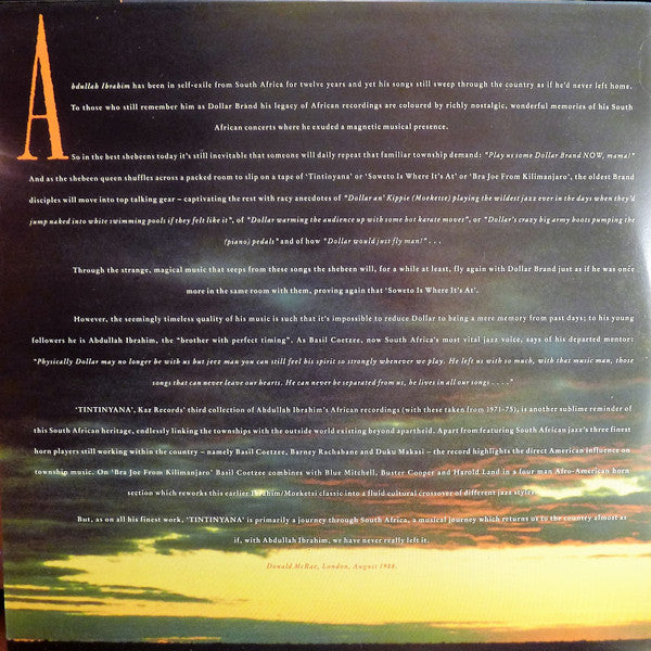 Dollar Brand ; Abdullah Ibrahim ~ Tintinyana (Vinyl) - Djungel & Jazz