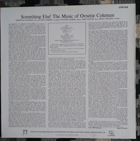 Ornette Coleman ~ Something Else! The Music Of Ornette Coleman (Vinyl) - Djungel & Jazz