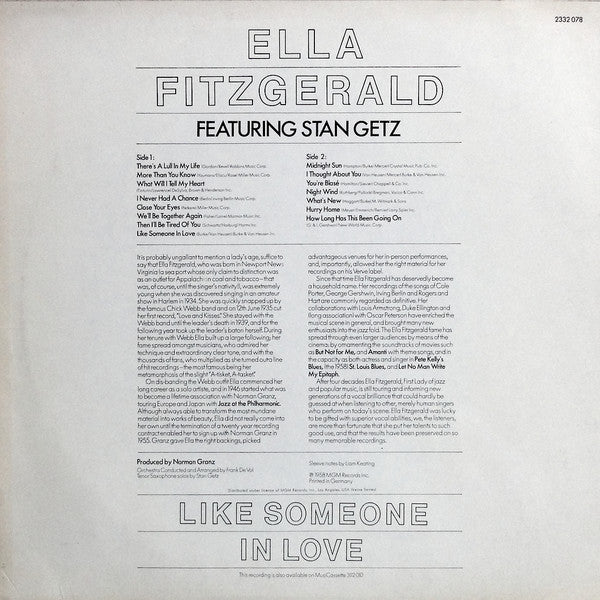 Ella Fitzgerald - Frank De Vol And His Orchestra ,Feat, Stan Getz : Like Someone In Love (LP, Album, RE)