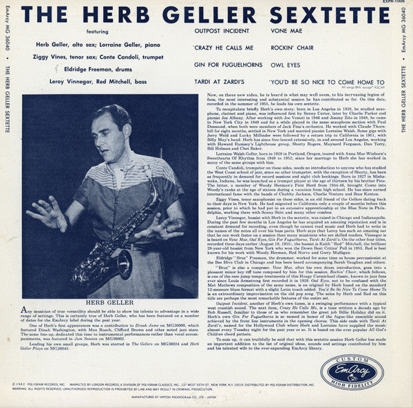 The Herb Geller Sextette ~ The Herb Geller Sextette (Vinyl) - Djungel & Jazz