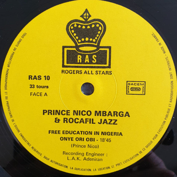 Prince Nico Mbarga And Rocafil Jazz : Free Education  (LP, Album, RE)