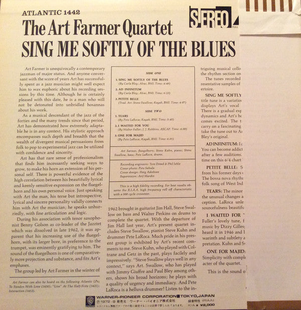 The Art Farmer Quartet* : Sing Me Softly Of The Blues (LP, Album, RE)