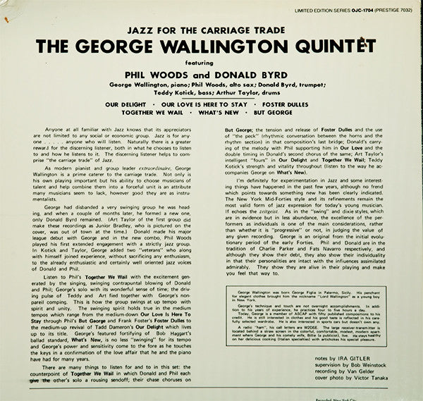 George Wallington Quintet ~ Jazz For The Carriage Trade (Vinyl) - Djungel & Jazz