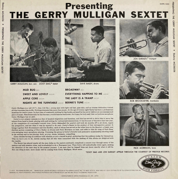 The Gerry Mulligan Sextet ~ Presenting The Gerry Mulligan Sextet (Vinyl) - Djungel & Jazz