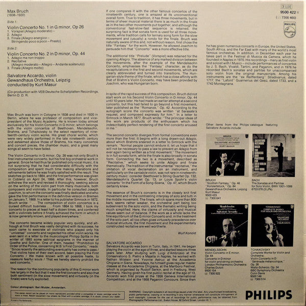 Bruch - Salvatore Accardo, Gewandhaus Orchestra, Leipzig, Kurt Masur ~ Violin Concertos No. 1, Op. 26 & No. 2, Op. 44 (Vinyl) - Djungel & Jazz