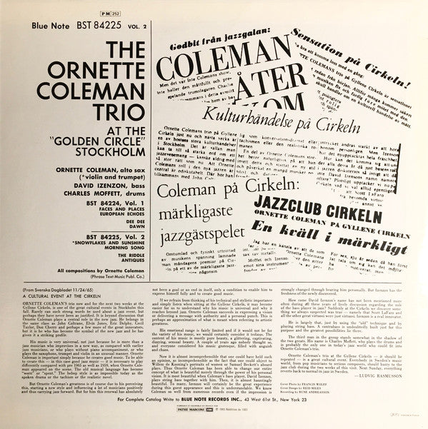 The Ornette Coleman Trio : At The "Golden Circle" Stockholm - Volume Two (LP, Album, RE)