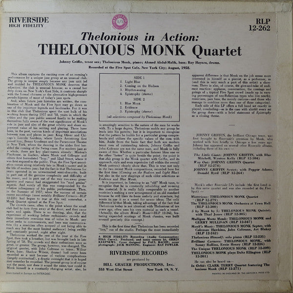 Thelonious Monk Quartet* With Johnny Griffin : Thelonious In Action (LP, Album, Mono)