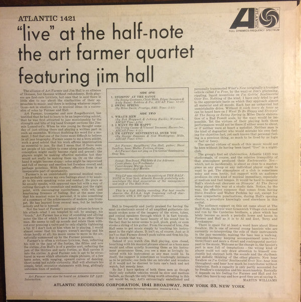 Art Farmer Quartet Featuring Jim Hall ~ "Live" At The Half-Note (Vinyl) - Djungel & Jazz