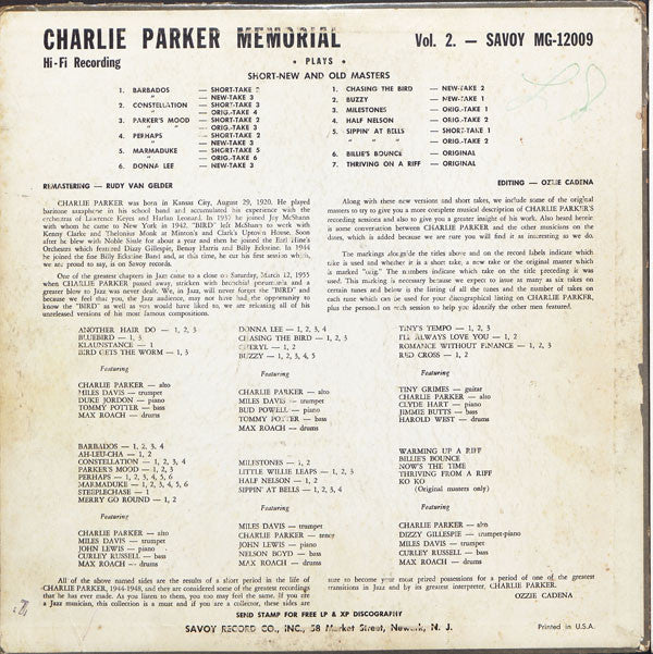 Charlie Parker ~ Charlie Parker Memorial Vol. 2 (Vinyl) - Djungel & Jazz