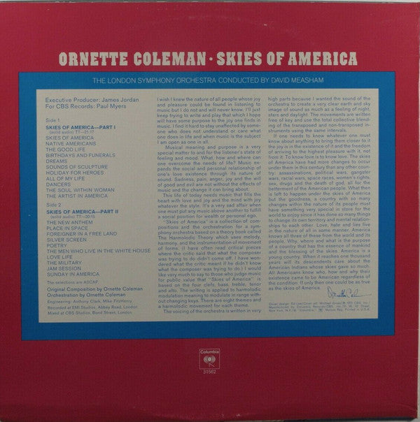 Ornette Coleman, The London Symphony Orchestra* Conducted By David Measham : Skies Of America (LP, Album)