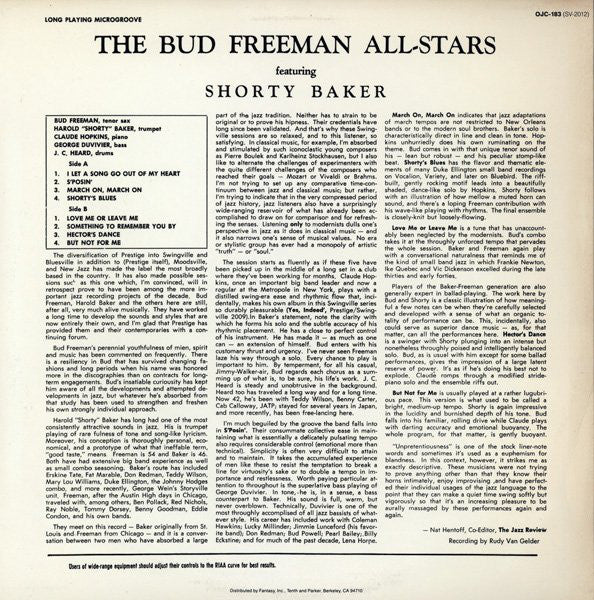 Bud Freeman's All Star Orchestra Featuring Harold Baker ~ The Bud Freeman All-Stars Featuring Shorty Baker (Vinyl) - Djungel & Jazz