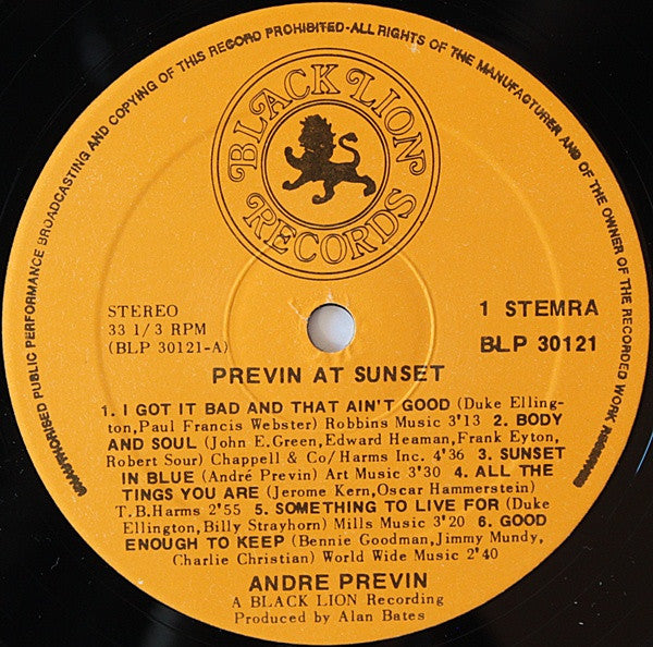 André Previn : Previn At Sunset (LP, Album, Mono, RE)