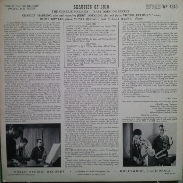 The Charlie Mariano & Jerry Dodgion Sextet ~ Beauties Of 1918 (Vinyl) - Djungel & Jazz