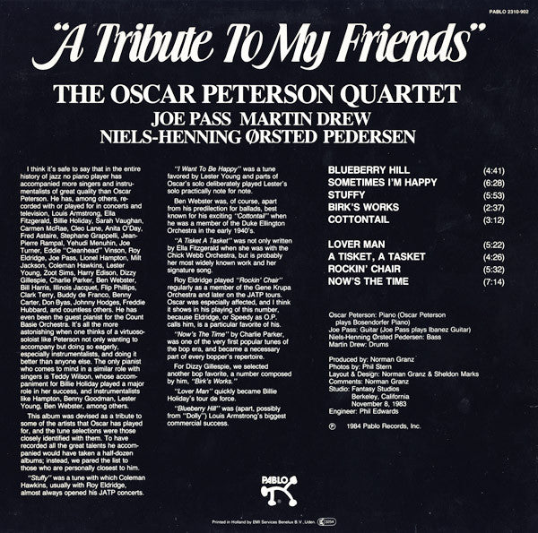The Oscar Peterson Quartet ~ A Tribute To My Friends (Vinyl) - Djungel & Jazz