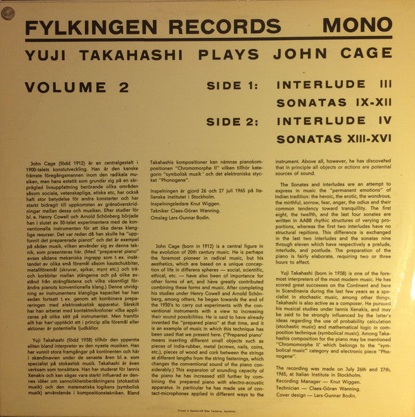 Yuji Takahashi Plays John Cage ~ Sonatas And Interludes Vol. 2 (Vinyl) - Djungel & Jazz