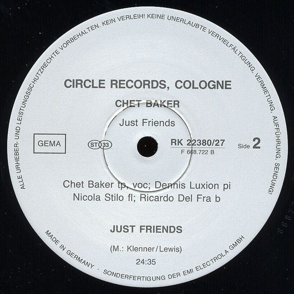 Chet Baker Quartet Featuring Dennis Luxion ~ Just Friends (Vinyl) - Djungel & Jazz