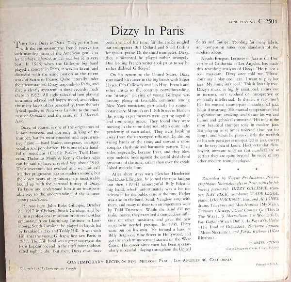 Dizzy Gillespie ~ Dizzy In Paris (Vinyl) - Djungel & Jazz