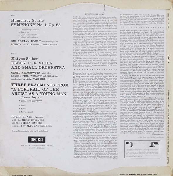 Humphrey Searle, Matyas Seiber, Sir Adrian Boult, London Philharmonic Orchestra, Melos Ensemble Of London ~ Symphony No. 1 / Elegy For Viola And Small Orchestra / Three Fragments From "A Portrait Of The Artist As A Young Man" (Vinyl) - Djungel & Jazz