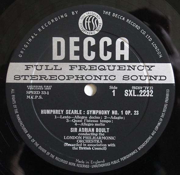 Humphrey Searle, Matyas Seiber, Sir Adrian Boult, London Philharmonic Orchestra, Melos Ensemble Of London ~ Symphony No. 1 / Elegy For Viola And Small Orchestra / Three Fragments From "A Portrait Of The Artist As A Young Man" (Vinyl) - Djungel & Jazz