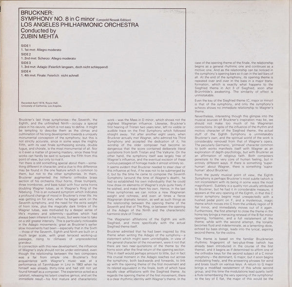 Bruckner, Los Angeles Philharmonic Orchestra, Zubin Mehta ~ Symphony No. 8 In C Minor (Vinyl) - Djungel & Jazz