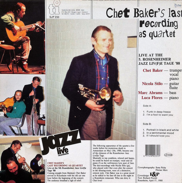 Chet Baker : Chet Baker's Last Recording As Quartet (LP, Album)