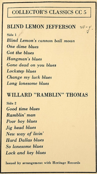 Blind Lemon Jefferson / Willard "Ramblin" Thomas ~ Blind Lemon Jefferson / Willard "Ramblin" Thomas (Vinyl) - Djungel & Jazz
