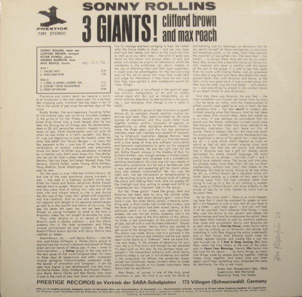 Sonny Rollins, Clifford Brown And Max Roach : 3 Giants! (LP, Album, RE)