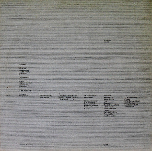 Shankar, Jan Garbarek, Palle Mikkelborg ~ Vision (Vinyl) - Djungel & Jazz