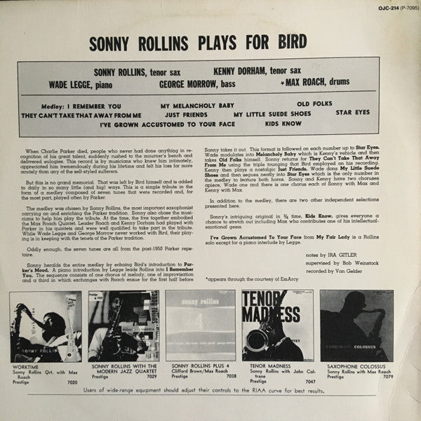 Sonny Rollins Quintet With Kenny Dorham And Max Roach ~ Rollins Plays For Bird (Vinyl) - Djungel & Jazz