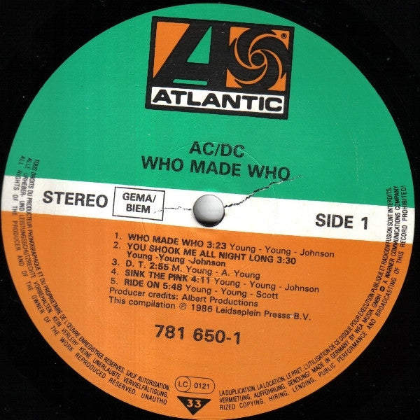 AC/DC : Who Made Who (LP, Album, Comp)