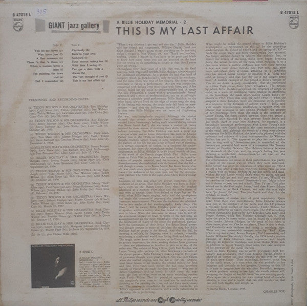 Billie Holiday ~ This Is My Last Affair (A Billie Holiday Memorial 2) (Vinyl) - Djungel & Jazz