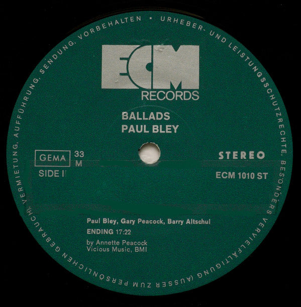 Paul Bley ~ Ballads (Vinyl) - Djungel & Jazz