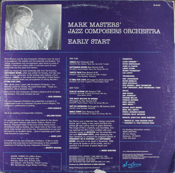 Mark Masters' Jazz Composers Orchestra ~ Early Start (Vinyl) - Djungel & Jazz