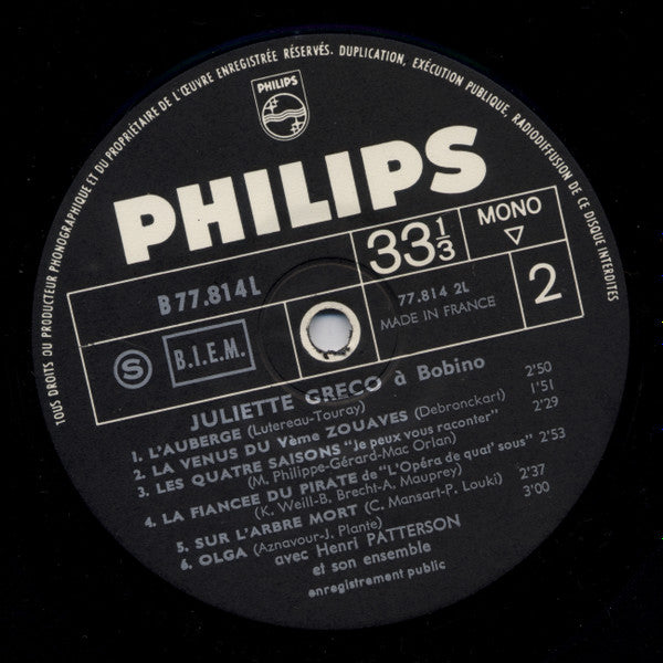 Juliette Gréco Avec Henri Patterson Et Son Ensemble ~ À Bobino (Vinyl) - Djungel & Jazz
