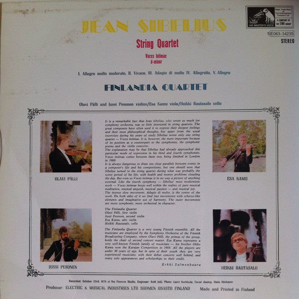 Jean Sibelius, Finlandia Quartet ~ String Quartet Voces Intimae D-Minor (Vinyl) - Djungel & Jazz