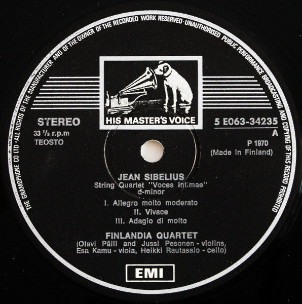 Jean Sibelius, Finlandia Quartet ~ String Quartet Voces Intimae D-Minor (Vinyl) - Djungel & Jazz