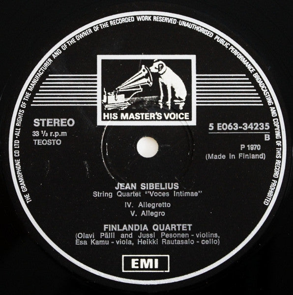Jean Sibelius, Finlandia Quartet ~ String Quartet Voces Intimae D-Minor (Vinyl) - Djungel & Jazz