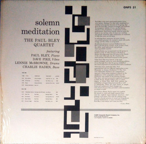 Paul Bley Quartet ~ Solemn Meditation (Vinyl) - Djungel & Jazz