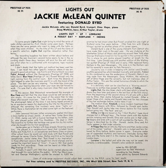 Jackie McLean Quintet With Donald Byrd And Elmo Hope : Lights Out! (LP, Album, Mono)