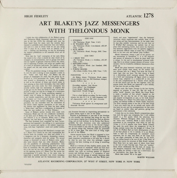 Art Blakey's Jazz Messengers* With Thelonious Monk : Art Blakey's Jazz Messengers With Thelonious Monk (LP, Album, Mono)