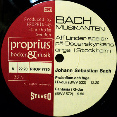 Bach, Alf Linder ~ Bach-Musikanten, Alf Linder Spelar På Oscarskyrkans Orgel I Stockholm (Vinyl) - Djungel & Jazz