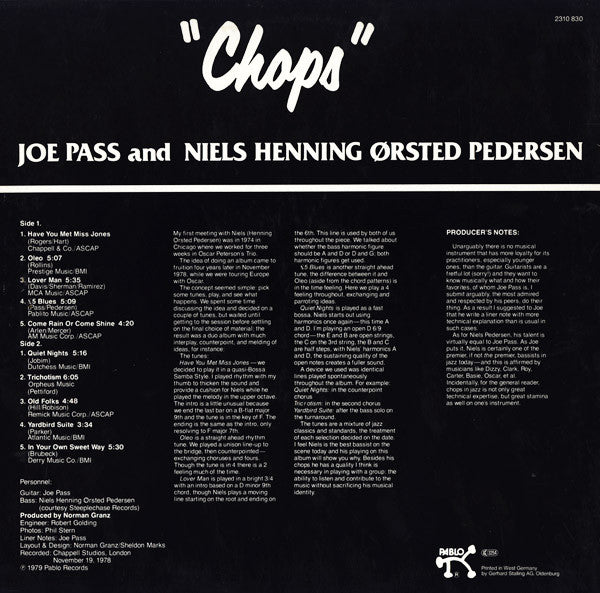 Joe Pass And Niels Henning Ørsted Pedersen ~ "Chops" (Vinyl) - Djungel & Jazz
