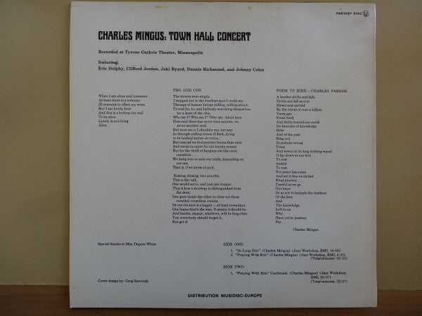 Charles Mingus Featuring Eric Dolphy : Town Hall Concert (LP, Album, RE)