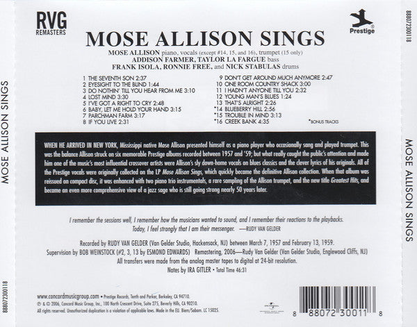 Mose Allison ~ Mose Allison Sings (Vinyl) - Djungel & Jazz