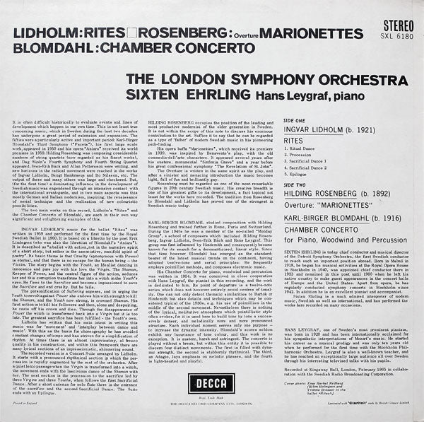 Ingvar Lidholm / Hilding Rosenberg / Karl-Birger Blomdahl, Sixten Ehrling, London Symphony Orchestra, Hans Leygraf ~ Rites / Marionettes / Chamber Concerto (Vinyl) - Djungel & Jazz
