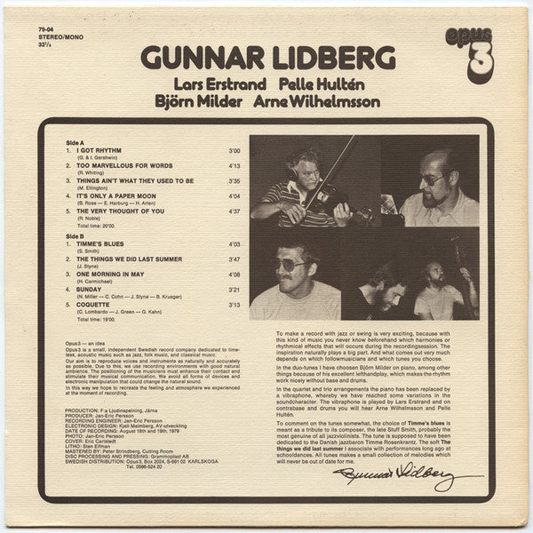 Gunnar Lidberg, Lars Erstrand, Pelle Hultén, Björn Milder, Arne Wilhelmsson ~ Gunnar Lidberg (Vinyl) - Djungel & Jazz