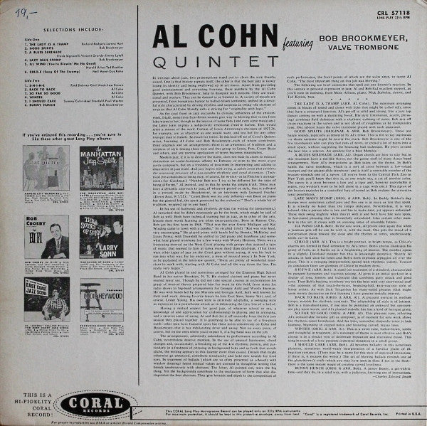 Al Cohn Quintet Featuring Bob Brookmeyer ~ The Al Cohn Quintet Featuring Bobby Brookmeyer (Vinyl) - Djungel & Jazz