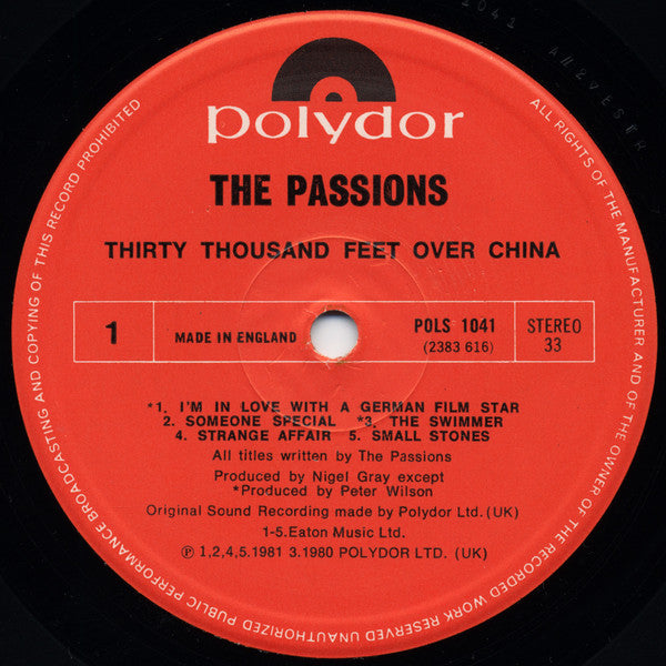 The Passions : Thirty Thousand Feet Over China (LP, Album)