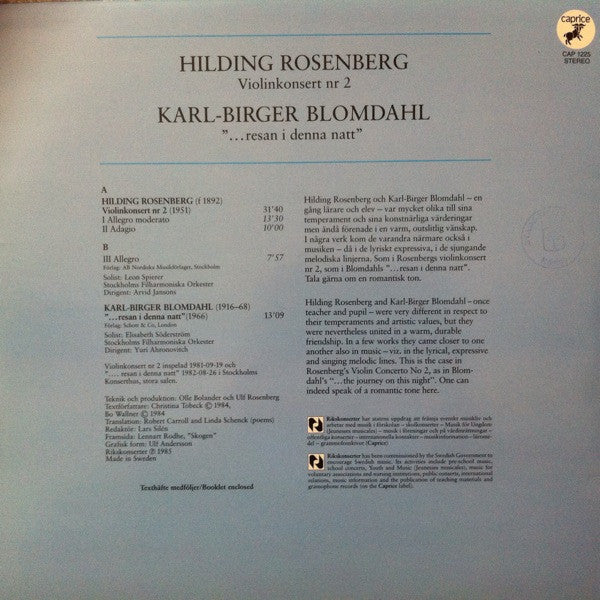 Hilding Rosenberg / Karl-Birger Blomdahl, Leon Spierer, Elisabeth Söderström, Stockholms Filharmoniska Orkester, Arvid Jansons, Yuri Ahronovitch ~ Violinkonsert Nr 2; "...Resan I Denna Natt" (Vinyl) - Djungel & Jazz