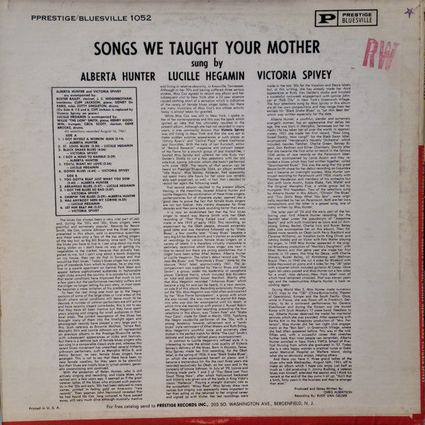 Alberta Hunter & Lucille Hegamin & Victoria Spivey ~ Songs We Taught Your Mother (Vinyl) - Djungel & Jazz